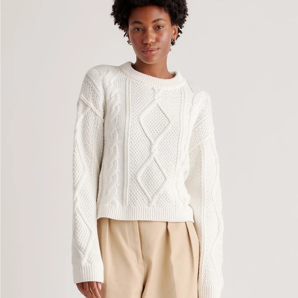 Quince White Cable-Knit Crewneck Sweater